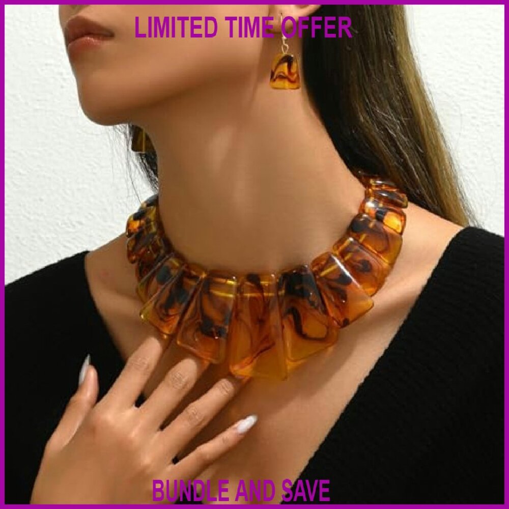 Chunky Statement Necklace Set Tortoise Shell Acry… - image 5